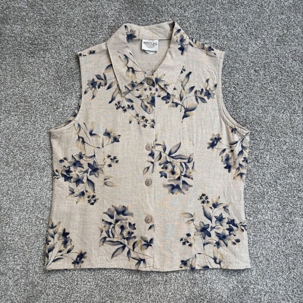 Bentley Shirt Womens Large Beige Linen Floral 90s Vintage CottageCore Boho Chic